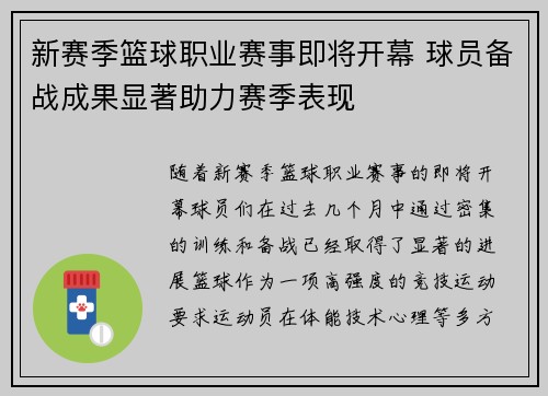 新赛季篮球职业赛事即将开幕 球员备战成果显著助力赛季表现