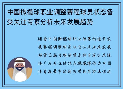 中国橄榄球职业调整赛程球员状态备受关注专家分析未来发展趋势